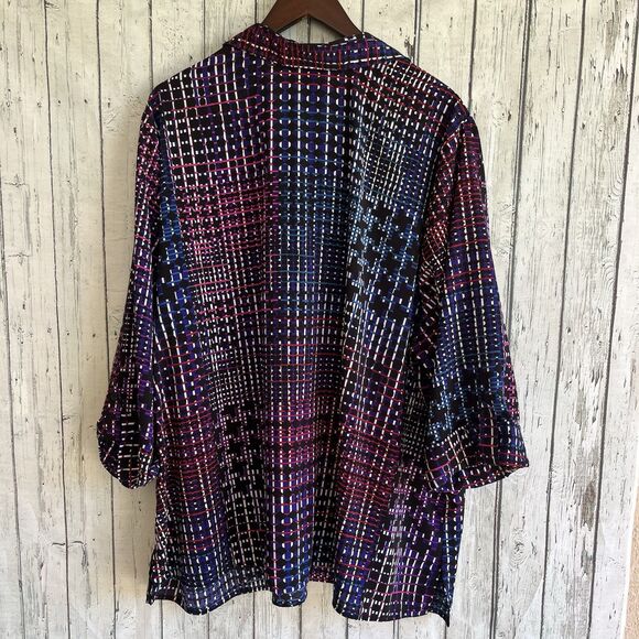 Catherines Womens Dark Geometric Button Up Top Size 3X 3/4 Sleeve Stretch Office - Picture 7 of 11